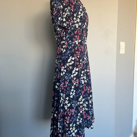 Lewit Dress 100% Silk Floral Garden A Line Navy Flounce Keyhole Cocktail Dress 6 - Picture 8 of 15